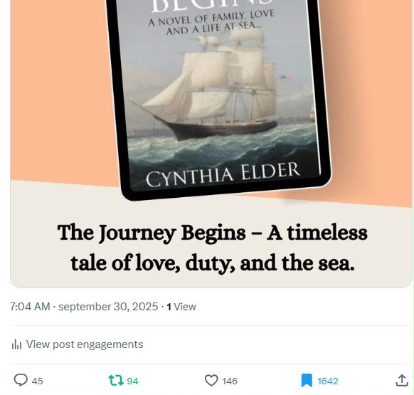Cynthia Elder — promotional campaign graphic for The Journey Begins — A Novel of Family, Love and a Life at Sea