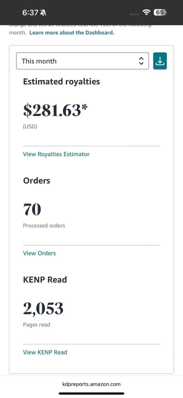 Amazon KDP — $281.63 Royalties, 70 Orders