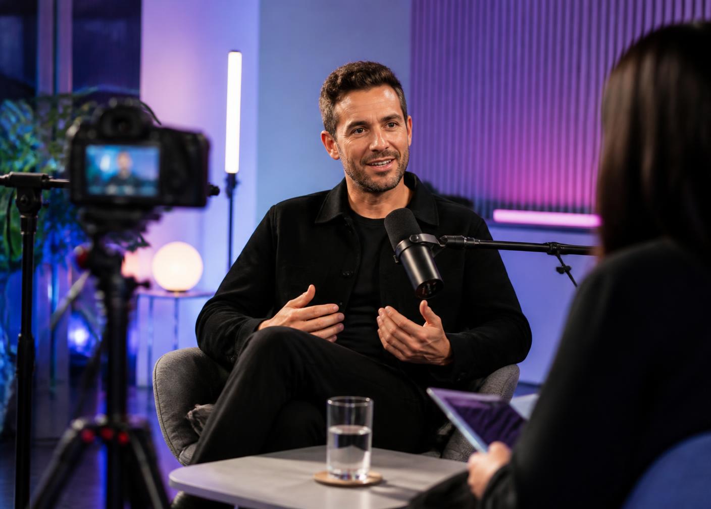 Author being interviewed in a professional media and podcast studio